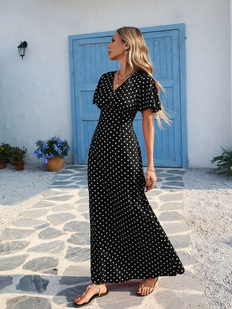 OUTZIDR  Black V Neck Flutter Sleeves Maxi for Women | Best Price UAE